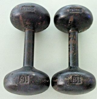 2 x 15 lb Vintage Rare Antique YORK Round - Head DUMBBELL WEIGHTS (30 lb Total) 2