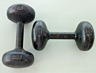 2 x 15 lb Vintage Rare Antique YORK Round - Head DUMBBELL WEIGHTS (30 lb Total) 4
