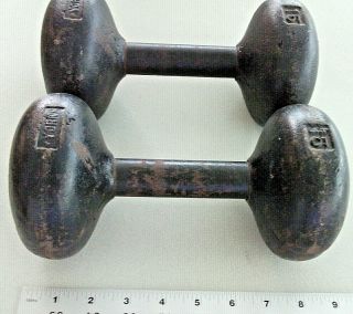 2 x 15 lb Vintage Rare Antique YORK Round - Head DUMBBELL WEIGHTS (30 lb Total) 5
