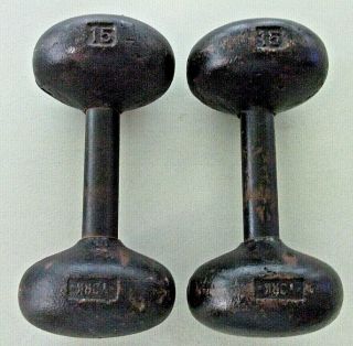 2 x 15 lb Vintage Rare Antique YORK Round - Head DUMBBELL WEIGHTS (30 lb Total) 7