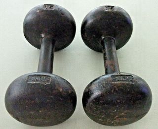 2 x 15 lb Vintage Rare Antique YORK Round - Head DUMBBELL WEIGHTS (30 lb Total) 8