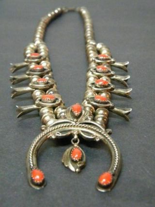 Vtg.  Native American Willie Haley Petite Squash Blossom SS/Red Coral Necklace 2