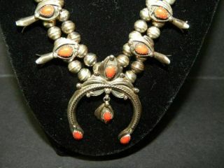 Vtg.  Native American Willie Haley Petite Squash Blossom SS/Red Coral Necklace 4