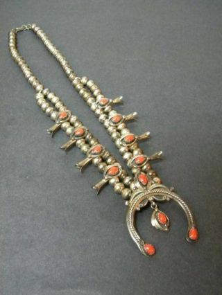 Vtg.  Native American Willie Haley Petite Squash Blossom SS/Red Coral Necklace 6