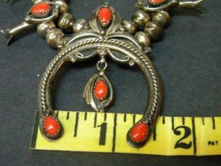 Vtg.  Native American Willie Haley Petite Squash Blossom SS/Red Coral Necklace 7