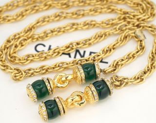 Chanel Lariat Green Gripoix Necklace/belt 39 " Rhinestone Gold Tone Vintage 820