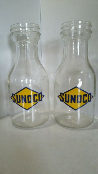 Vintage Sunoco Two Glass Oil Bottles Gas Oil Shape Wow