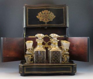 Antique French Tantalus Box W/ Gilt Boulle Inlay Baccarat Crystal Decanters