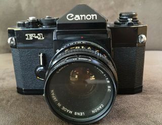Vintage Black Canon F - 1 SLR 35mm Film Camera w/50mm f/1.  8 FD Lens EXC w/booklet 2