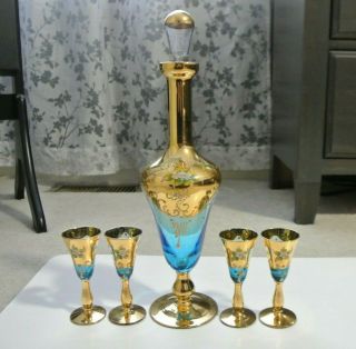 Vintage Moser Bohemian Czech Art Glass Aqua Blue Decanter W/ 4 Stemmed Cordials