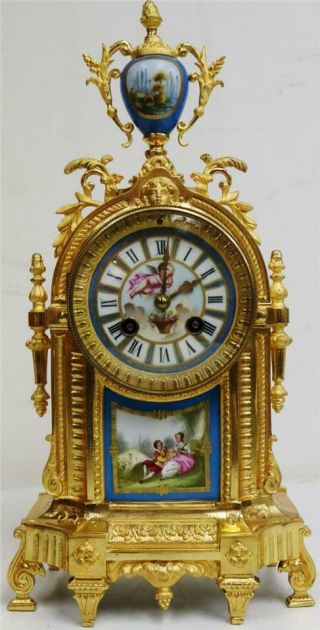 Antique French 8day Bronze Ormolu & Blue Sevres Porcelain Mantle Clock