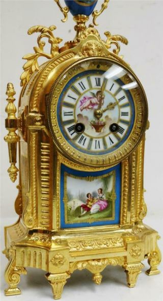 Antique French 8Day Bronze Ormolu & Blue Sevres Porcelain Mantle Clock 3