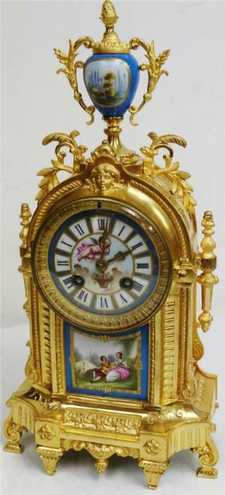 Antique French 8Day Bronze Ormolu & Blue Sevres Porcelain Mantle Clock 4