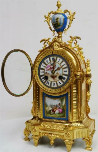 Antique French 8Day Bronze Ormolu & Blue Sevres Porcelain Mantle Clock 6