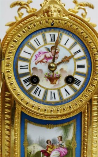 Antique French 8Day Bronze Ormolu & Blue Sevres Porcelain Mantle Clock 7