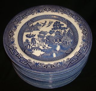 16 Vintage Churchill England Blue Willow Porcelain Large 10 ¼” Dinner Plates Set