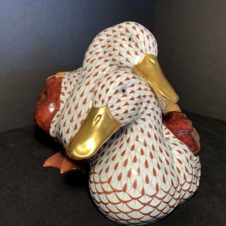 Rare Herend Hungary Porcelain Fishnet Geese/duck Duo Sculpture In Rust 24k Gold