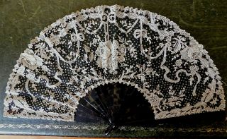 Antique Brussels Lace On Black Net With Sequins Hand Fan,  9.  5 Inches