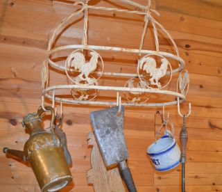 Vintage Rustic Iron Country Kitchen Hanging Ceiling Pot Utensil Rack Roosters