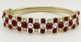 Vintage Givenchy Clear & Red Crystal Rhinestone Silver Tone Hinged Cuff Bracelet