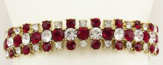 Vintage Givenchy Clear & Red Crystal Rhinestone Silver Tone Hinged Cuff Bracelet 2