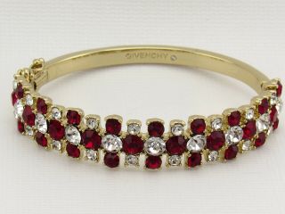 Vintage Givenchy Clear & Red Crystal Rhinestone Silver Tone Hinged Cuff Bracelet 6