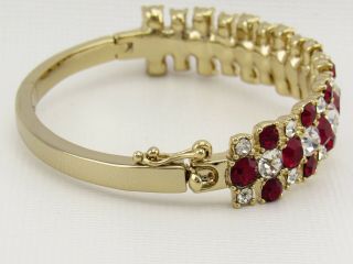 Vintage Givenchy Clear & Red Crystal Rhinestone Silver Tone Hinged Cuff Bracelet 7