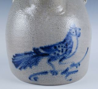 Rare Antique 19c Blue Decorated Stoneware Bird Batter Jug w Handle 3