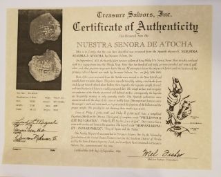 Rare ATOCHA 1622 - 8 REALES SILVER COIN - GRADE (2) - Mel Fisher Certificate - Numbered 8