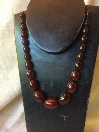 VINTAGE BAKELITE NECKLACE CHERRY AMBER RED OBLONG BEADS threaded on CHAIN 2