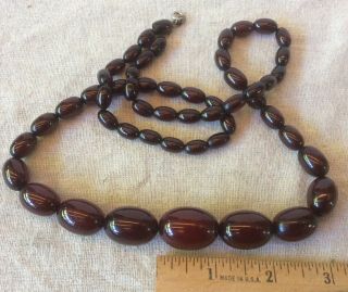 VINTAGE BAKELITE NECKLACE CHERRY AMBER RED OBLONG BEADS threaded on CHAIN 3