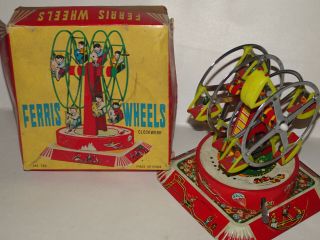 Red China Ferriis Wheels Merry Go Round Vintage Tin Toy