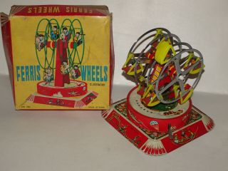 Red China Ferriis Wheels Merry go round Vintage Tin Toy 4