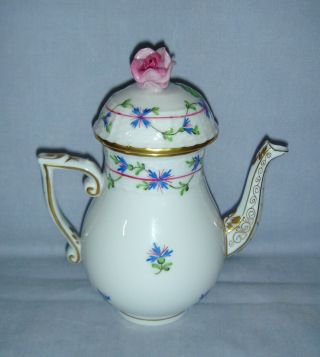 Quality Vintage Herend Porcelain Blue Garland Small Coffee Pot With Rose Finial