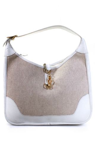 Hermes Vintage Womens Leather Toile Trim Ii 31 Shoulder Handbag White Beige