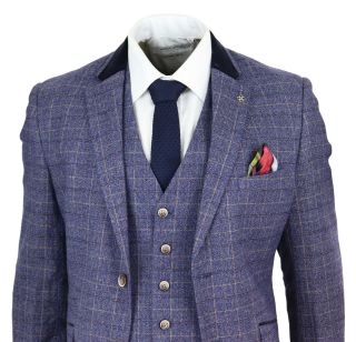 Mens 3 Piece Grooms Suit Tweed Blue Check Tailored Fit Wedding Vintage Classic