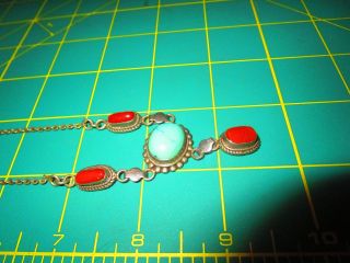 Vintage Native American Turquoise & Coral Sterling Silver Necklace 17 Inch