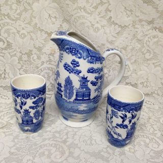 Vintage,  Japan,  Blue Willow 3pc Juice - Ice Tea Set,  10in Pitcher,  5.  5in Tumblers