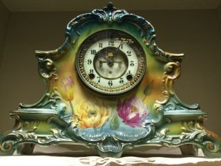 Antique Ansonia Gr/blu Royal Bonn Porcelain Mantle Shelf Clock Vibrant Runs Well