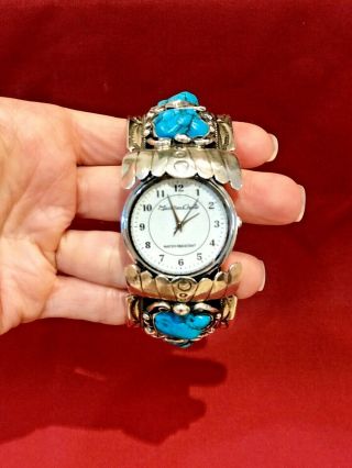 Large Vintage Sterling Silver 925 & Turquoise Watch Cuff Bracelet - Marked