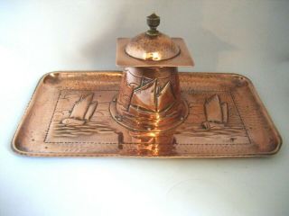 H.  Dyer Antique Arts & Crafts Copper Ink Well Desk Tray C.  1920 