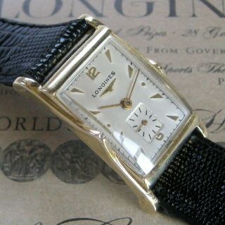 Mens 1945 Longines 14k Solid Gold Fancy Case 17j Swiss Art Deco Vintage Watch A,