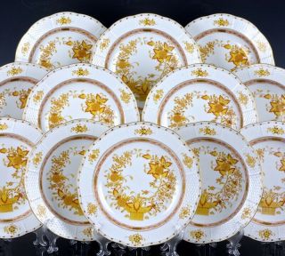 Set Of 12 Herend Hungary Yellow Indian Basket Pattern 9 - 1/2 Inch Rim Soup Bowls