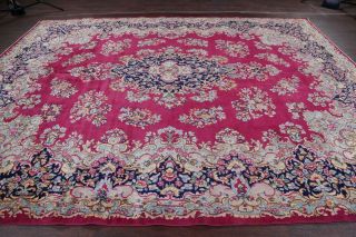 Vintage Traditional Floral Burgundy Kirman Oriental Area Rug Hand - Knotted 10x13