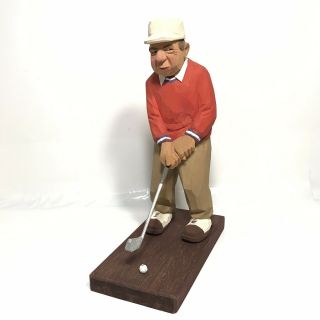 Vintage Signed Carl Olof Trygg 1978 Wood Carving Of A Man Playing Golf Sweden 9”