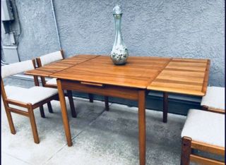 Mid - Century Danish Teak Draw Leaf Expandable Dining Table and 4 chairs. 3