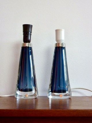 Rare Blue Mid Century Modern Carl Fagerlund For Orrefors Glass Table Lamps