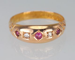 Victorian 15ct Gold Ruby & Old Cut Diamond Antique Gypsy Ring Chester 1888