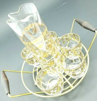 Culver Glass Bar Set Gold Chantilly Mcm Pitcher 5 Glasses Holder Floral Vtg