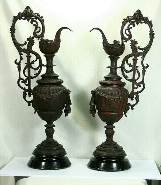 Pair Antique French Art Nouveau Patinated Bronze Ewers Griffins Thomas Gaillard